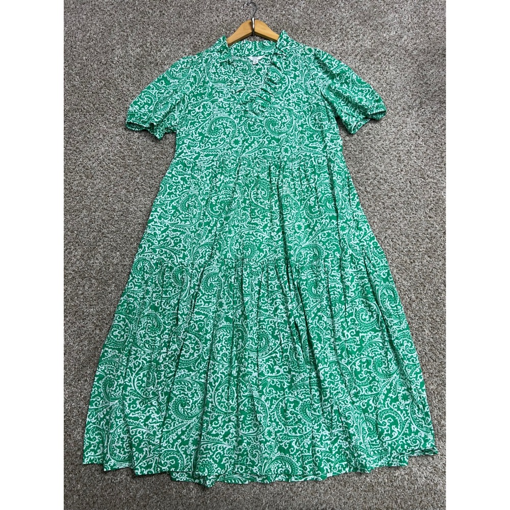 Crown & Ivy Green Paisley Clip Dot Ruffle Neck Tiered Midi Dress Womens L